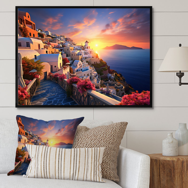 Grèce Oia Splendor III - décoration murale paysages urbains, Cadre flottant noir, H 34 po x l 44 po x P 1,5 po