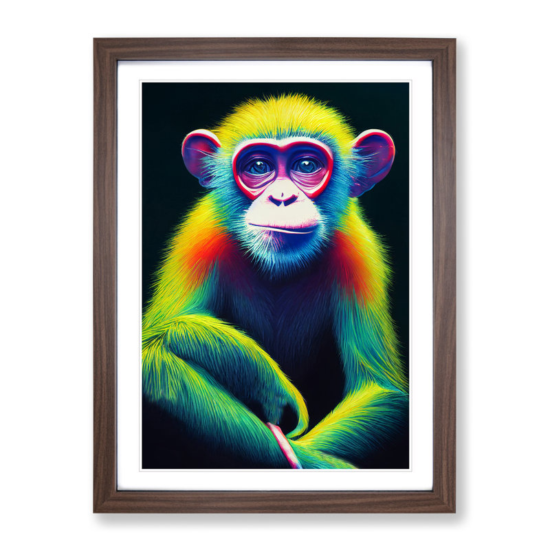 Neon Monkey No.3 - Wrapped Canvas Print, Walnut Framed, 34cm H x 25cm W x 2cm D