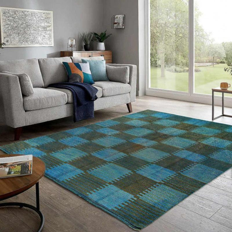 Tapis bleu / noir tissé à la main à motif de carreaux en coton / laine