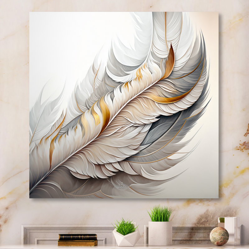 White Watercolor Feather - Abstract Transitional Wall Art, 36" H x 36" W x 1.5" D, Wrapped Canvas