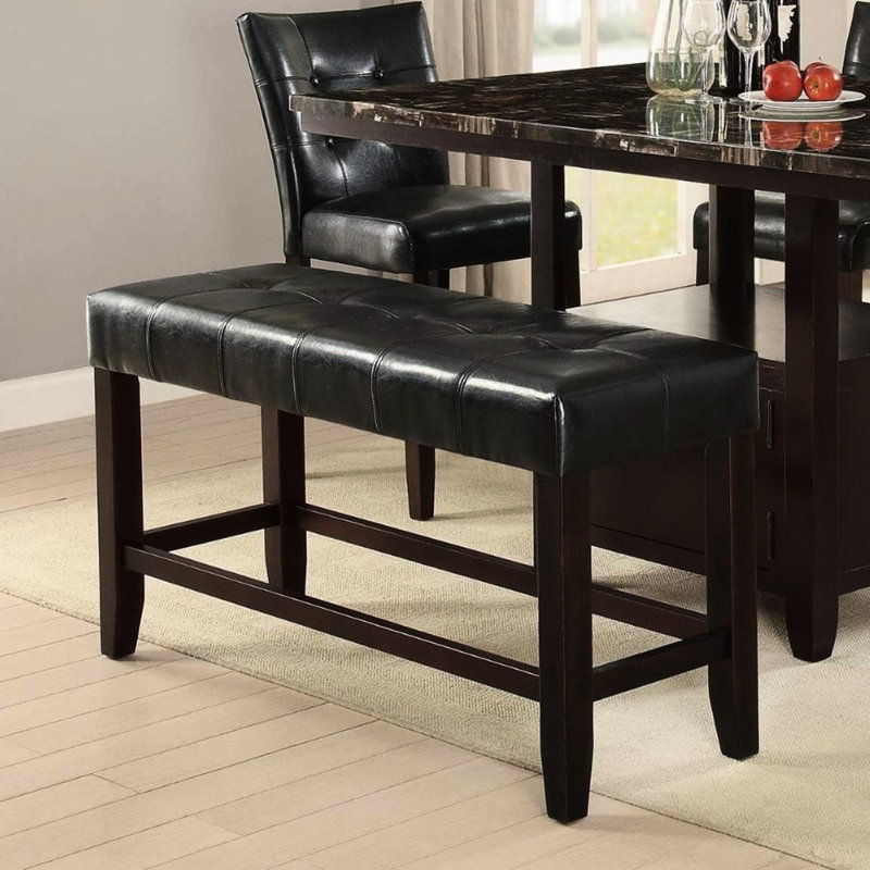 Dining Room Counter Height Bench - Faux Leather Seat With Solid Wood Support Classic Look Modern Black Wooden Frame