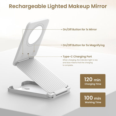 Travel Makeup Mirror With Lights, Portable  Vanity Mirror With Lighted Magnification,72 Leds 3 Colour Lights, Rechargeable, Freely Adjust Height And Angle