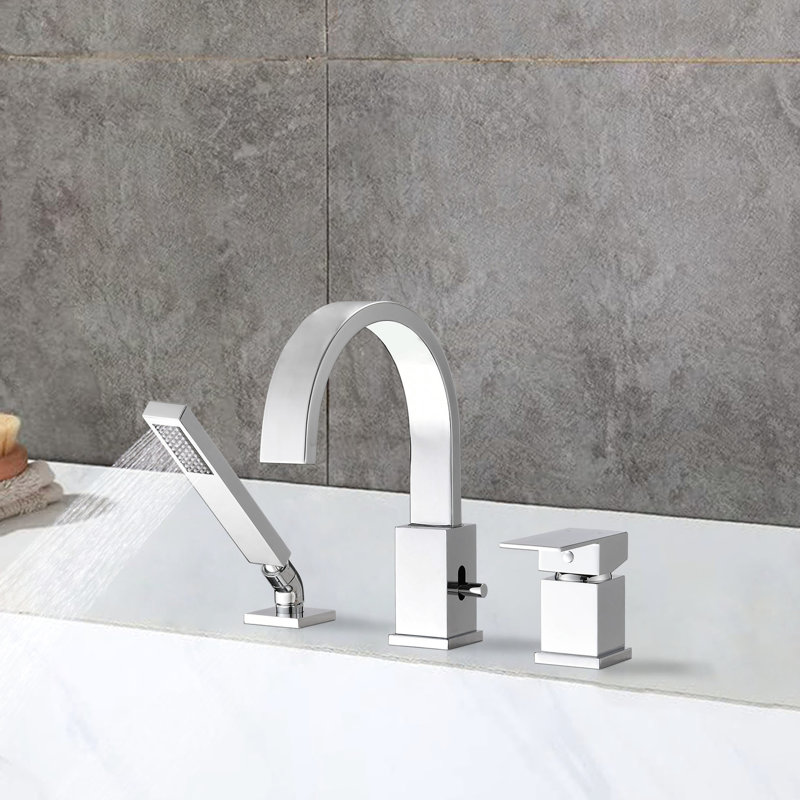 Waterfall Tub Faucet With Hand Shower - 59" Hose Length Deck Mounted Filler 1.38" Hole And Design, Chrome