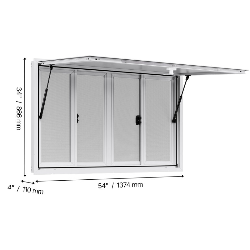 Concession Window 53x33 in, Aluminum Alloy Service Window for Food Truck, Up to 85 Degrees Stand Serving Window with 4 Sliding Windows, Awning Door, and Drag Hook, for Concession Trailers