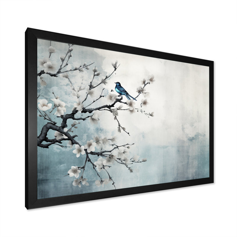 Art asiatique, Sumi oiseau sérénité, art asiatique, H 12 po x l 20 po x P 1 po, Cadre simple noir