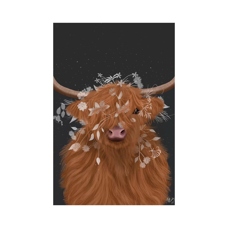 Highland Cow 1, White Flowers by Fab Funky - Wrapped Canvas Gallery-Wrapped Canvas Giclée