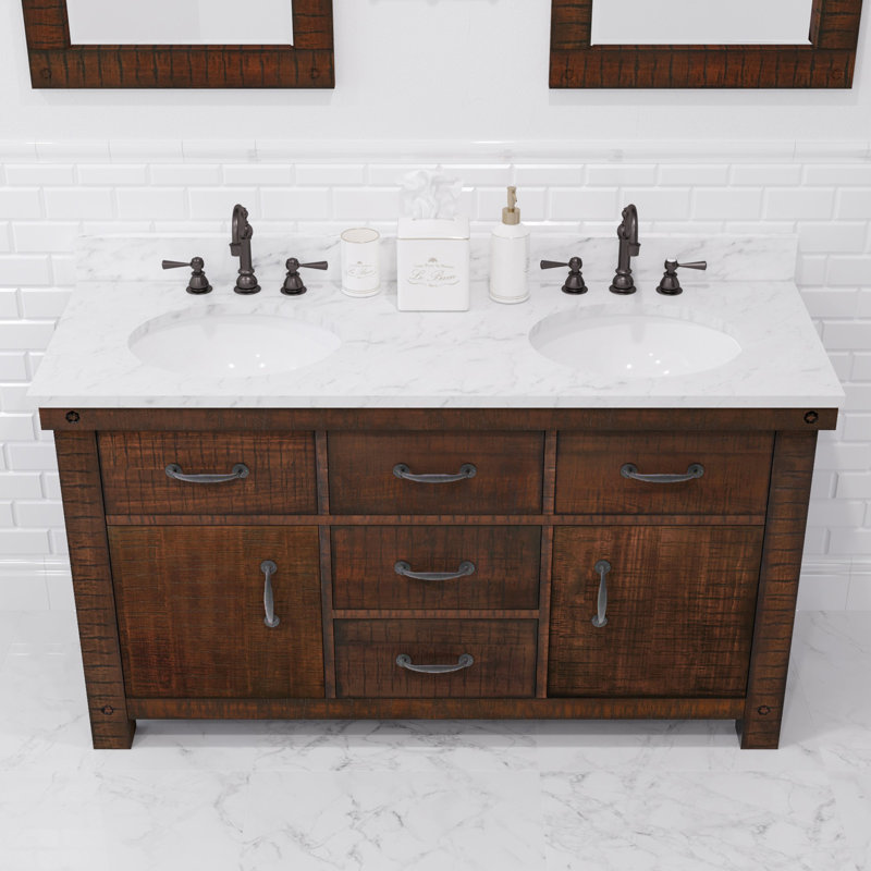Aberdeen 60'' W Double Vanity, Carrara White, Rustic Sienna