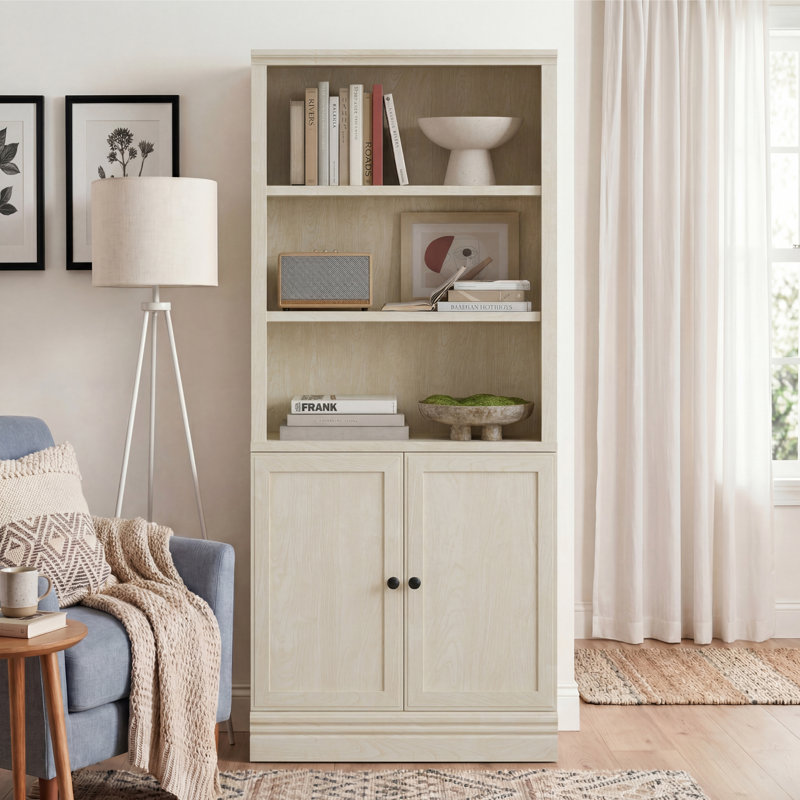 Tall Bookcase with Adjustable Shelves, 5-Tier Standard Bookshelf with Door, Open Storage Shelf Organizer,  Cream, 72.5 Inch