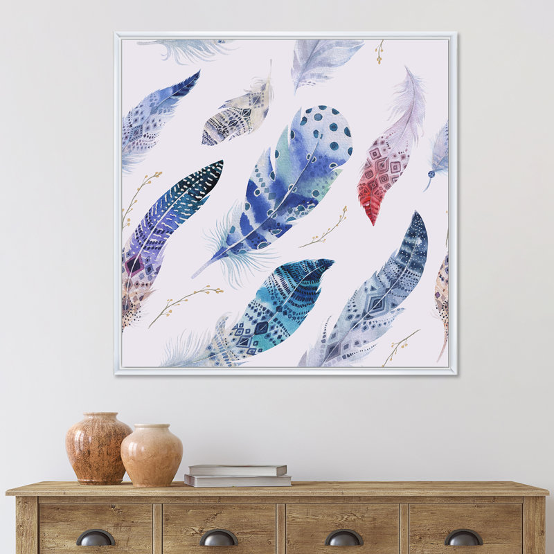 «Elegant Blue Boho Feathers», impression sur toile, H 16 po x l 16 po x P 1 po, Cadre blanc