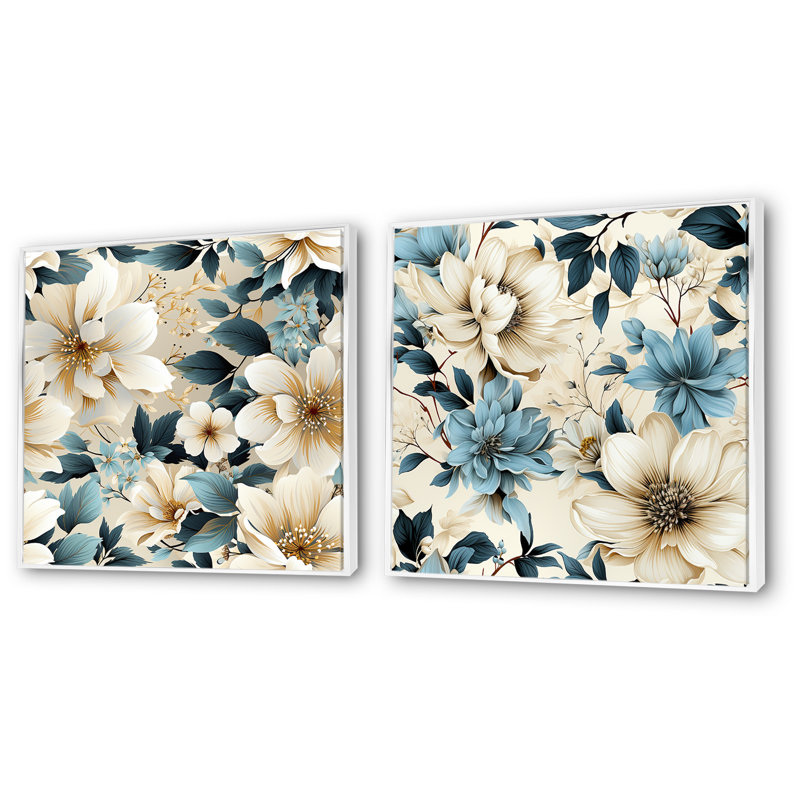 «Sandy Beige and Blue Hydrangea Tranquility», ensemble de 2 reproductions d'art sur toile florales, Cadre blanc