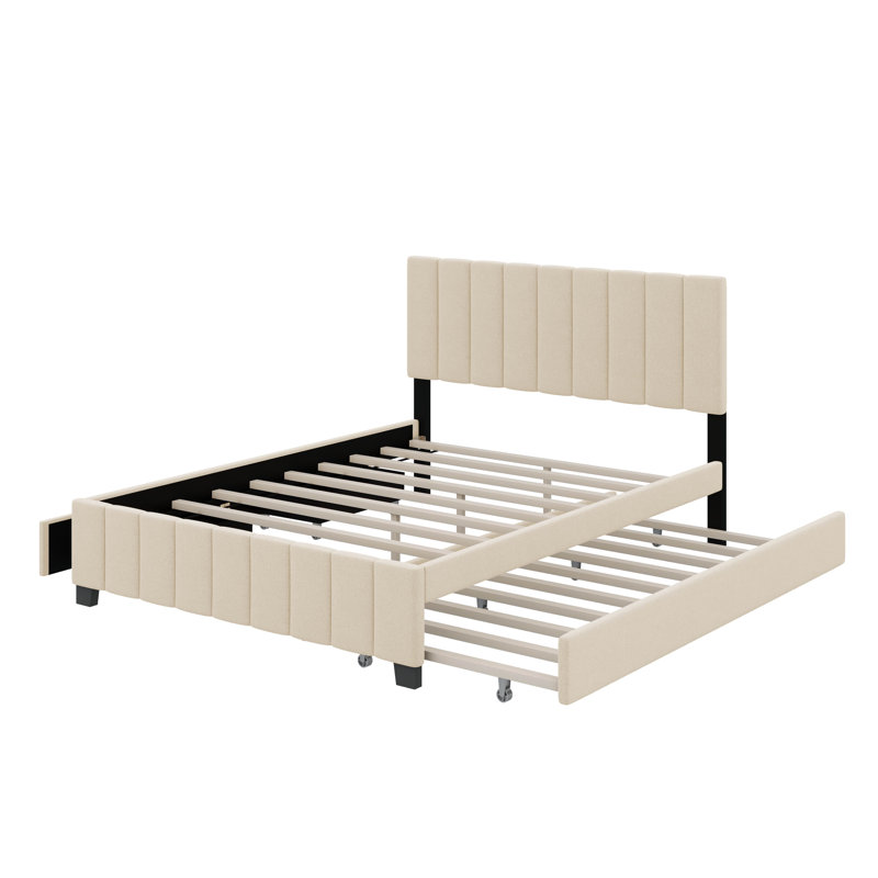Grand lit plateforme tapissier en velours avec 2 tiroirs et 1 lit gigogne simple TG, Beige