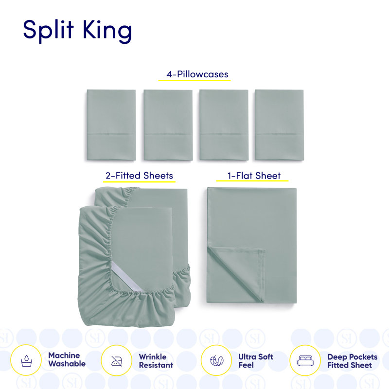 Luxurious Soft Microfiber Sheet Set with Bonus Pillowcases, Split King Sheet Set with 4 Pillowcases, Slate