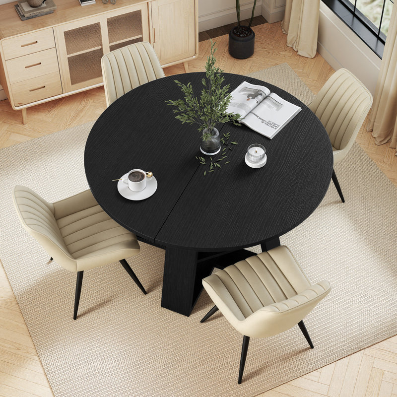 Ensemble de table et chaises de salle à manger extensible ronde à ovale Fecteau, Black, Beige