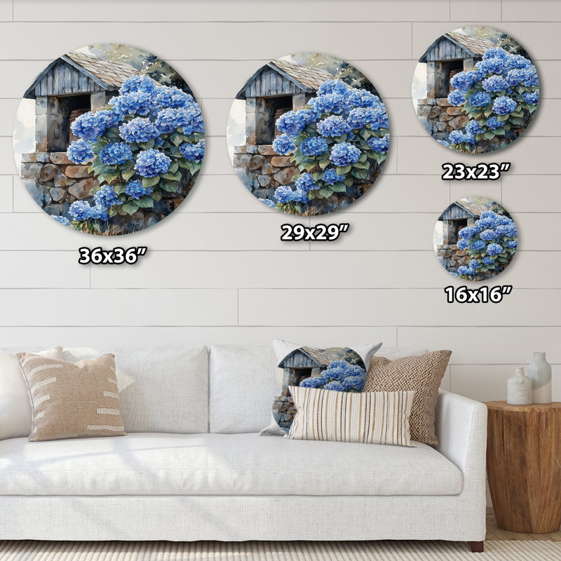Hydrangées par la ferme, je - impression d'art en métal bleu traditionnel, hydrangées rondes en métal, H 29 po x l 29 po