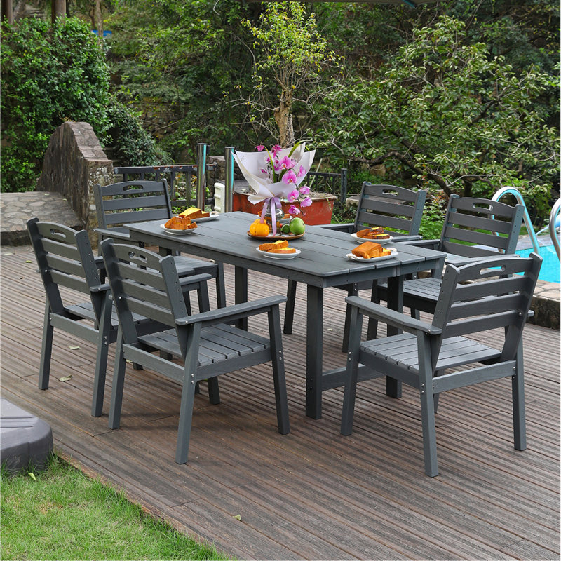HDPE Outdoor Patio Dining Set, One Table And Six Chairs. The Outdoor Dining Furniture Has Sunshade Holes And Is Suitable. It Is Suitable For Lawns, Gardens, Backyards, And Pool Sides.Waterproof (Umbrella Not Included)