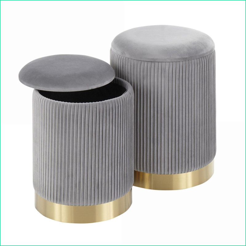 Ottomans Set of 2, Contemporary Light Gray Pleated Velvet Nesting with Gold Metal Base | Gold | Metal, Gray