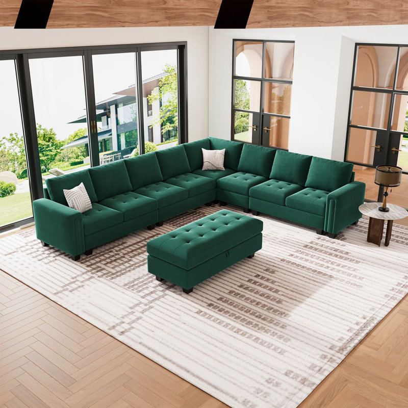 Shavera 7 - Piece Velvet Upholstered Sectional Sofa Large L shaped Livingroom Couch with Storage Ottoman, Green Velvet