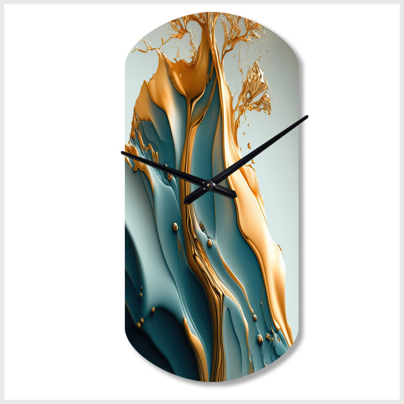 Soman abstrait bleu et feuilles dorées III - horloge murale asymétrique traditionnelle, Petit