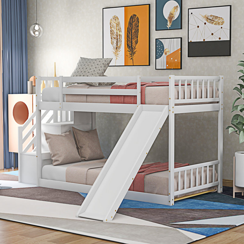 Lit superposé avec glissière convertible et escalier, Blanc