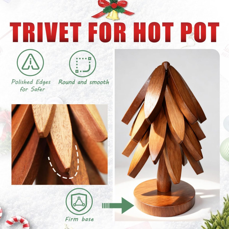 Ensemble d'arbres à plateaux en bois pour plats chauds, 100% bois naturel, sous-verres extensibles, napperons pliables avec 4 PCS (couleur noyer)