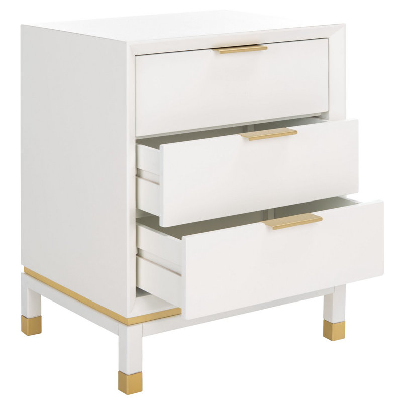 Table de bout à 3 tiroirs Contemporary - Table d'appoint en bois blanc avec pieds dorés et tiroirs de rangement