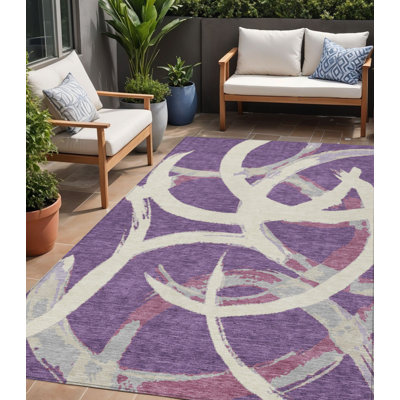 Tapis d'extérieur lavable abstrait ivoire et gris 5 pi x 8 pi mauve