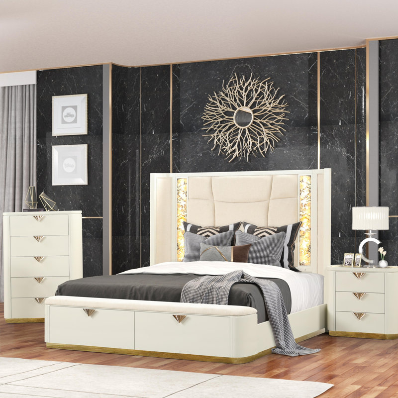 Grand lit tapissier de style moderne en bois, Beige, Grand lit