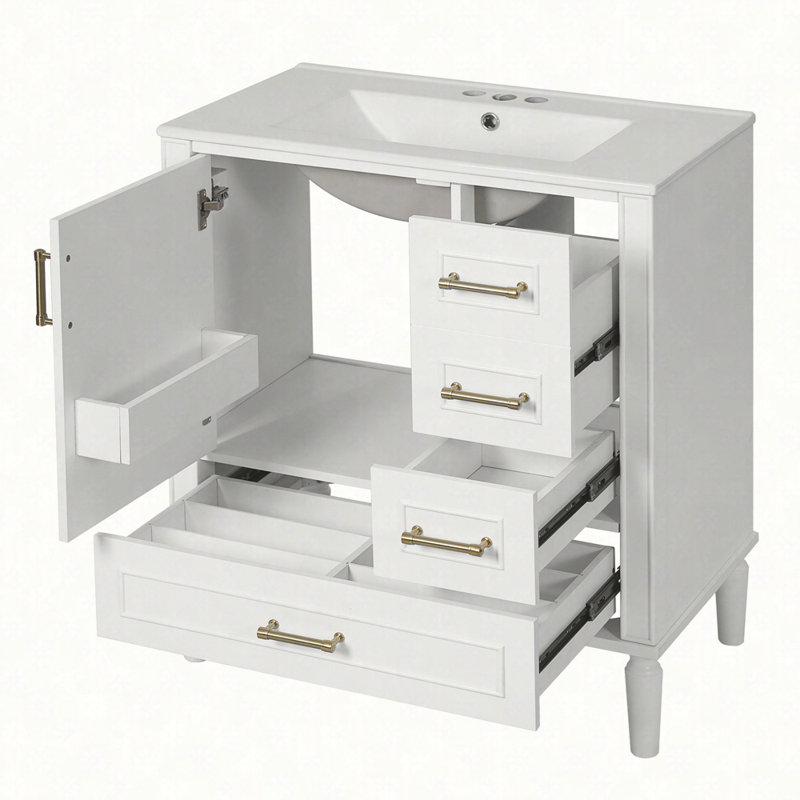 Ensemble de meuble-lavabo compact 30 po: 3 tiroirs, fermeture en douceur, poignées dorées - idéal pour les petites salles de bain