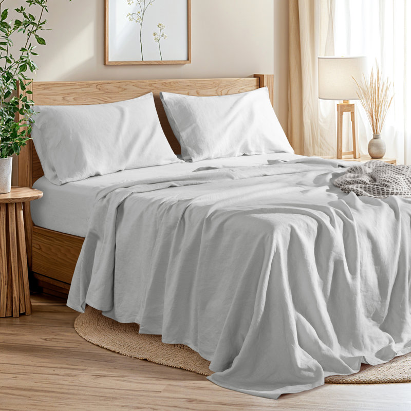 Natural Linen Cotton Bed Sheets Set，Deep Pocket- 4 Pcs, Gray, King