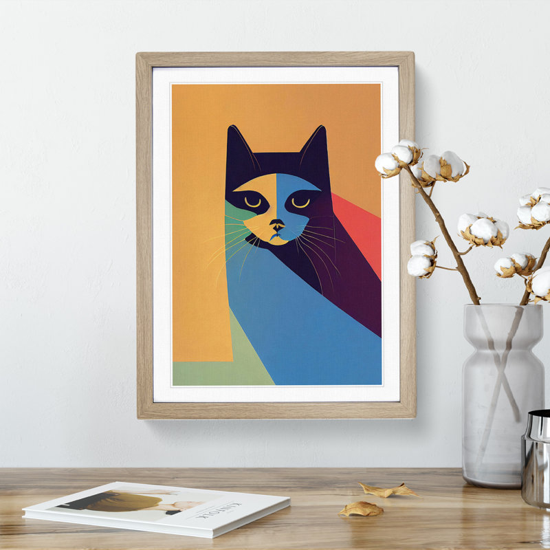 Colourful Cat No.1 Abstract - Single Picture Frame Painting, Oak, 64cm H x 46cm W x 2cm D