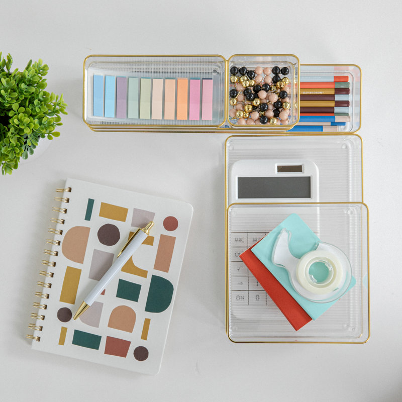 Clear Plastic Stackable Office Desk Drawer Organizers with Gold Trim, Set of 6