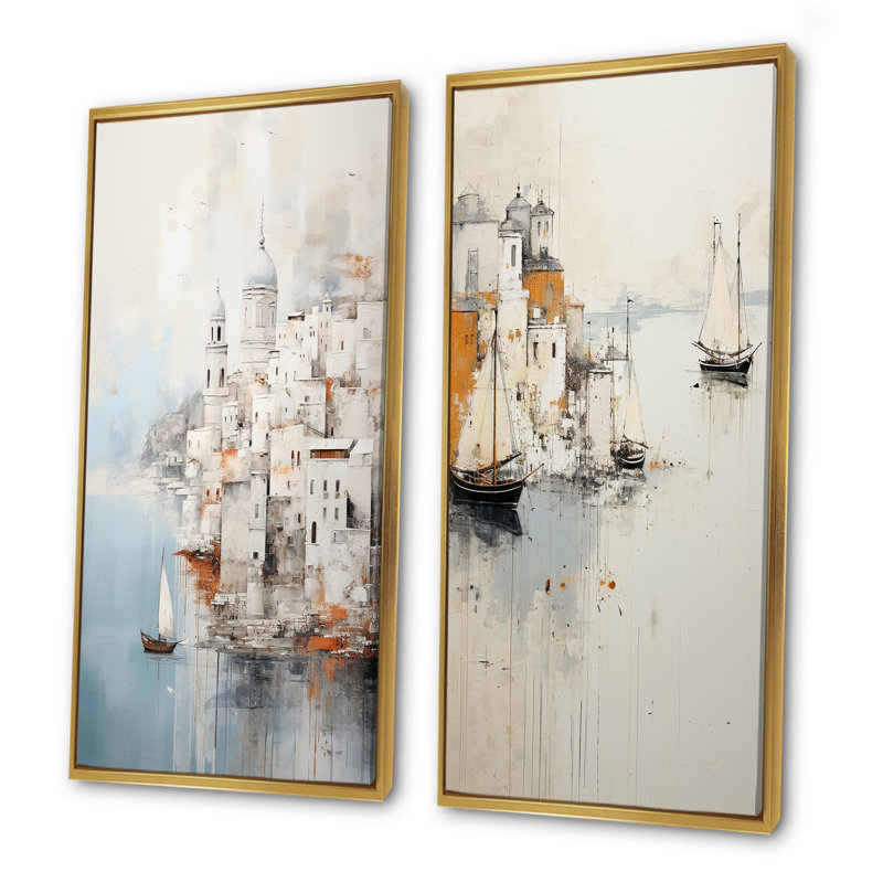 Minimalisme «Coastal Port Perception» - ensemble de 2 reproductions d'art mural, Encadrement doré, H 28 po x l 25 po