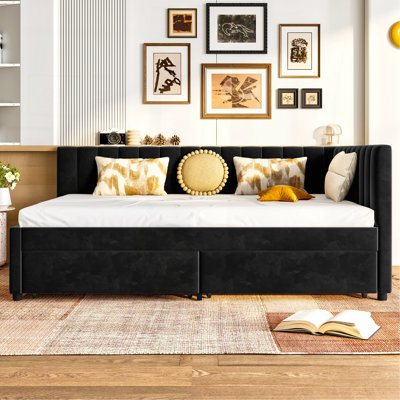 Full Size Daybed With Storage Drawers Upholstered Corner Bed With L Shaped Headboard Velvet Daybed Frame For Living Room Guest Room