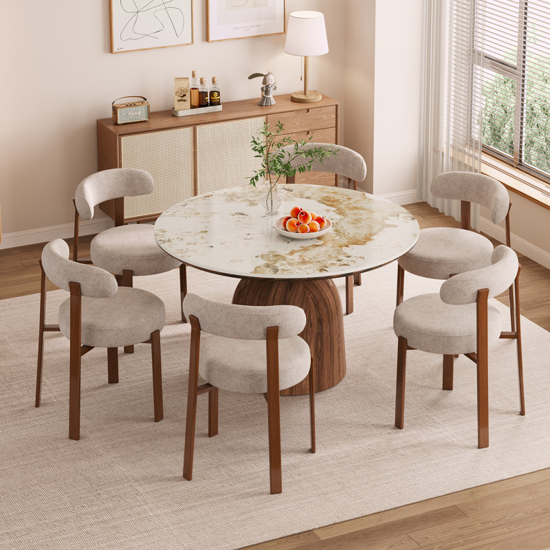 Adwin  6-Person 51.18" Round Pedestal Dining Table Set, 7 Pieces: Table, 6 Chairs, Beige
