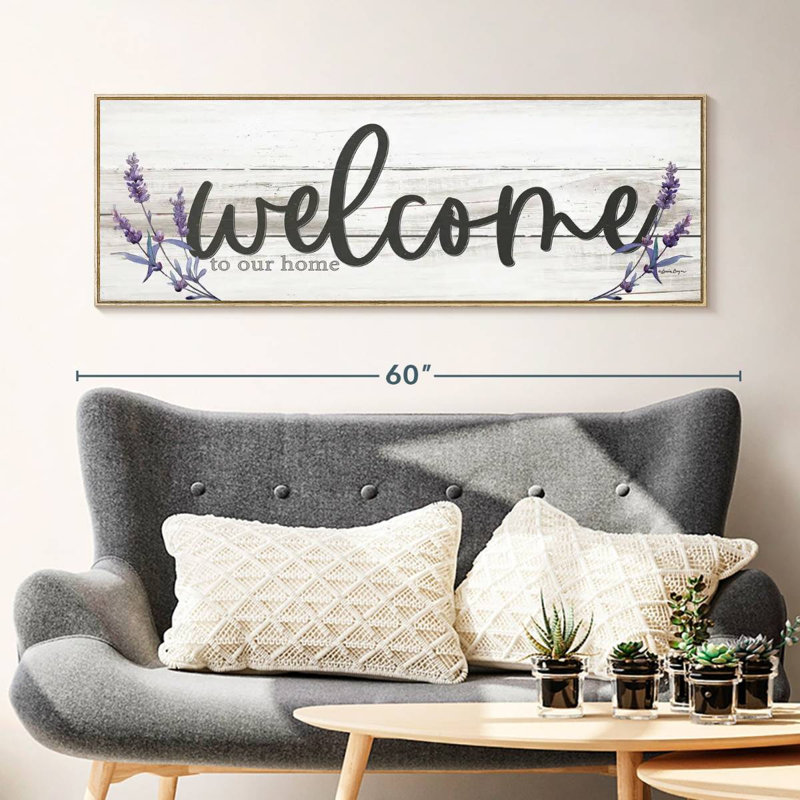 Plaque murale "Welcome to our home" lavande, Cadre flottant en bois naturel, 49 po x 17 po