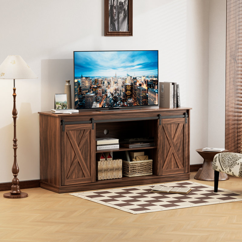 Meuble télé avec portes de grange coulissantes pour téléviseur de 65 po ou moins, Brun rustique