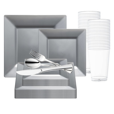 Silver Square Plastic Wedding Value Set - 30 Settings