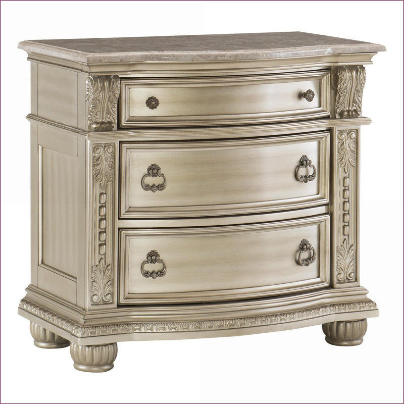 Table de chevet traditionnelle argentée avec dessus en marbre véritable 3 tiroirs
