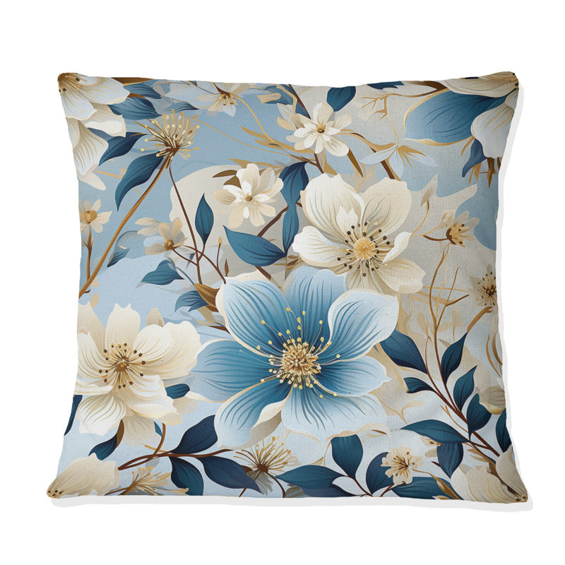 Motif floral blanc et bleu - imprimé floral, H 16 po x l 16 po