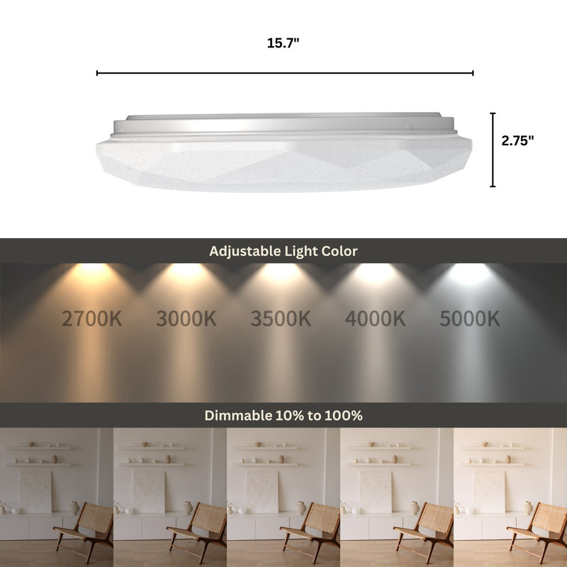 LED Ceiling Light Diamond White 16" 120V 24W 1680LM 5-Way Selectable CCT