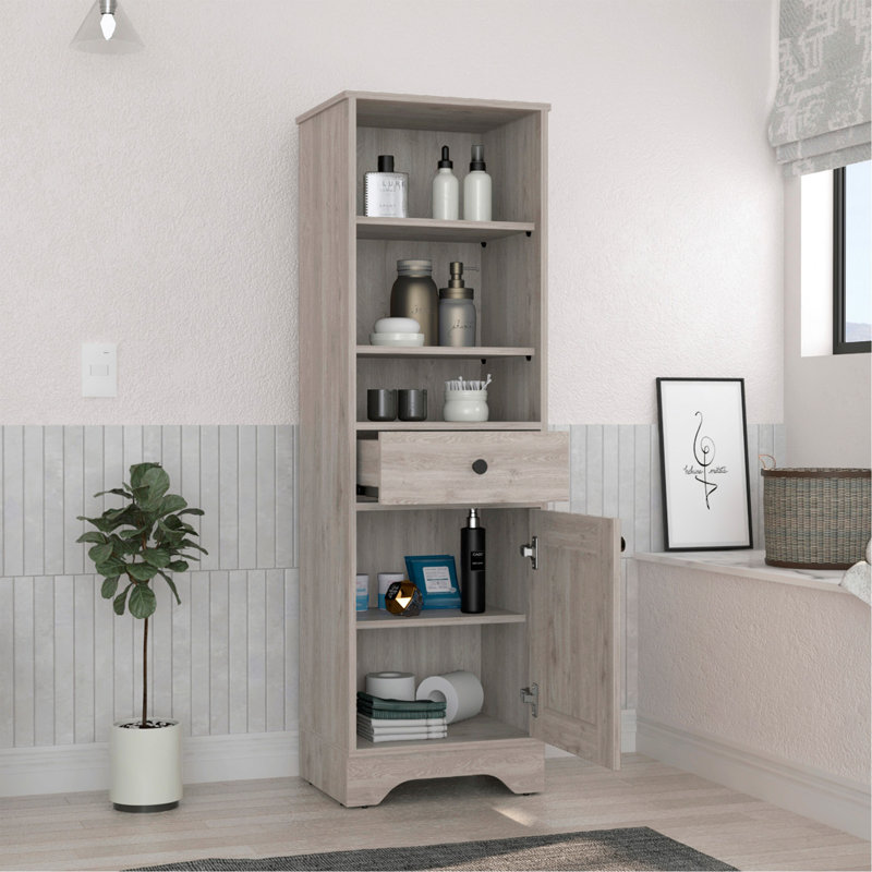 Linen Cabinet, Two Interior  Shelves, Two Open Shelves, Single Door