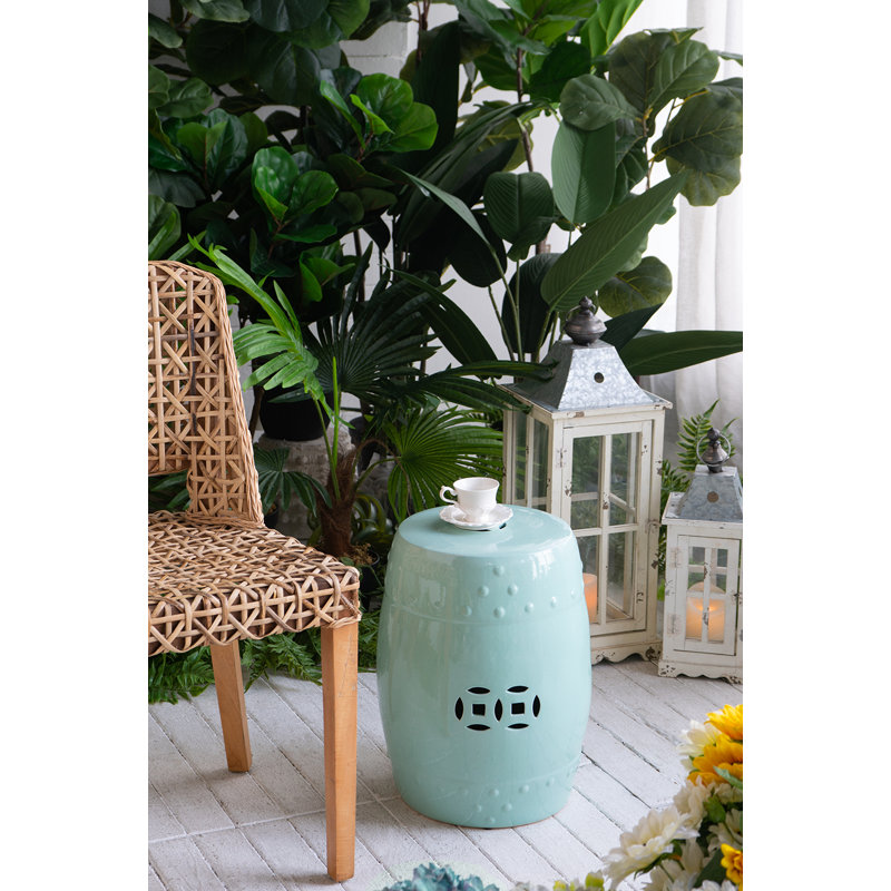 D13x18" Ceramic Barrel Stool With Cutout Design, Light Blue