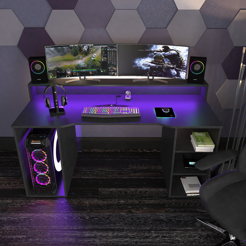 Bureau de jeu réversible Palomino Gamer avec prises intégrées, Noir