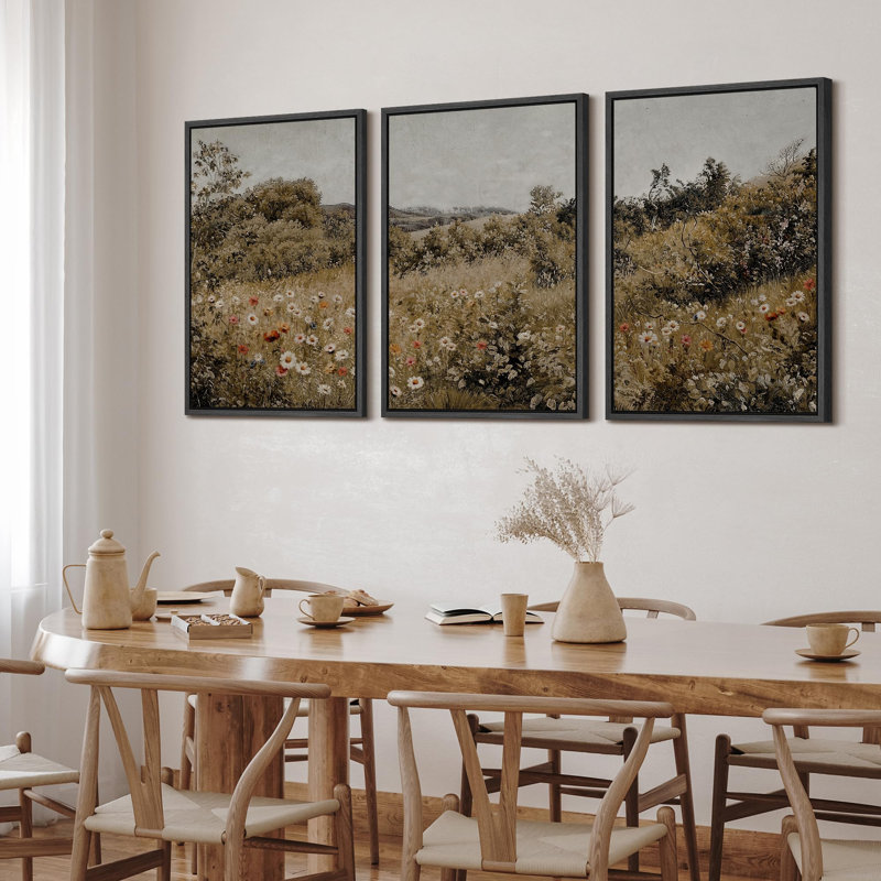 Wildflowers " Summer Wildflower Lush Floral Landscape Illustration Modern Decor Relax Calm Chic " 3 - Pieces, Noir