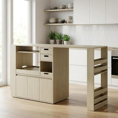 Small Kitchen Island with Storage and Pull-Out Table for Galley Kitchens and Apartments, Island Table with Sliding Top and Cabinet, Eclectic Style, Warm Light Wood