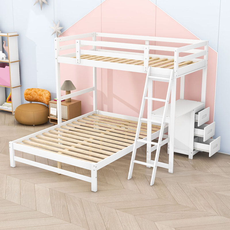 Lit superposé simple au-dessus de 3 tiroirs en bois avec bureau intégré et garde-corps