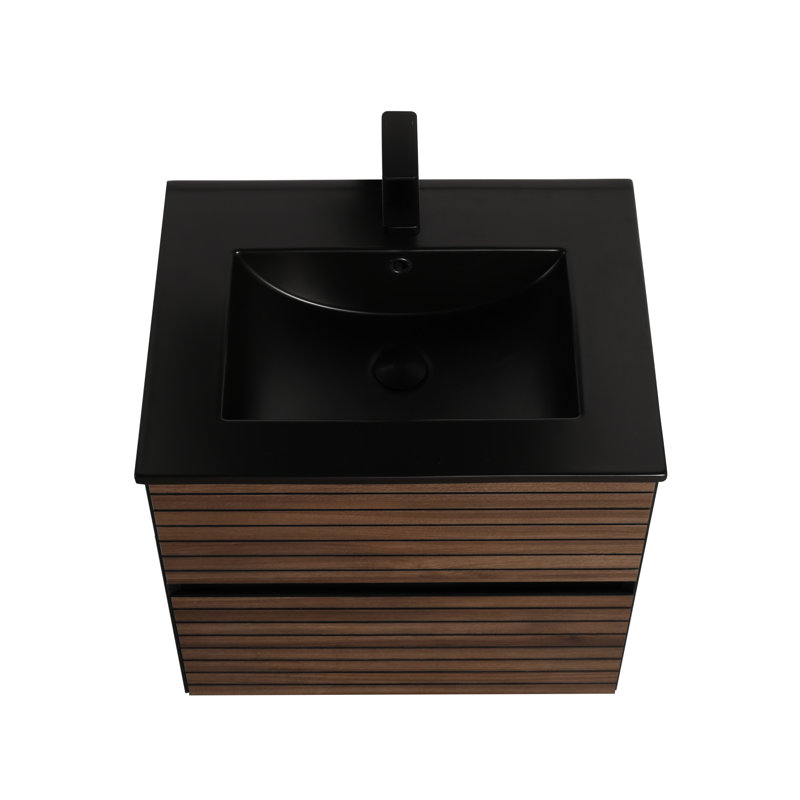 24" Floating Bathroom Vanity with Sink – Wall-Mounted All-Wood Cabinet with Soft-Close Drawers, Open-Back Design & Durable Ceramic Top