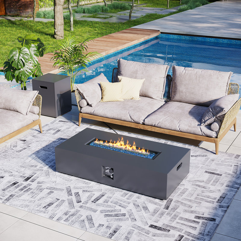 Tashieka 42-Inch Rectangular Iron Propane Outdoor Fire Pit Table with Tank Cover, Lid and Rain Cover, Dark Gray