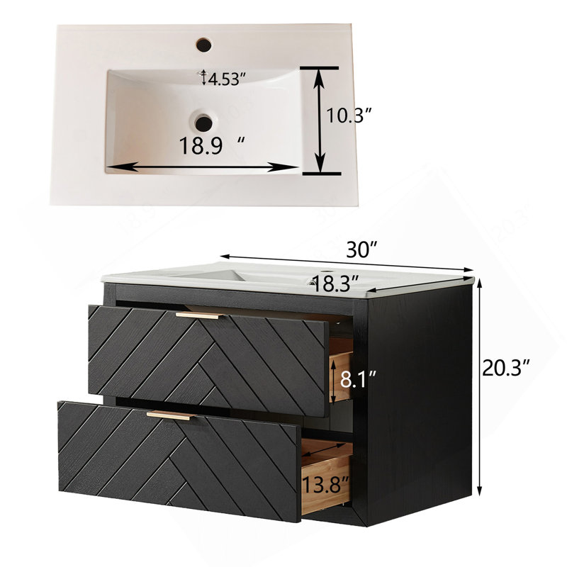 Meuble-lavabo mural simple 30 po avec lavabo en céramique, Noir