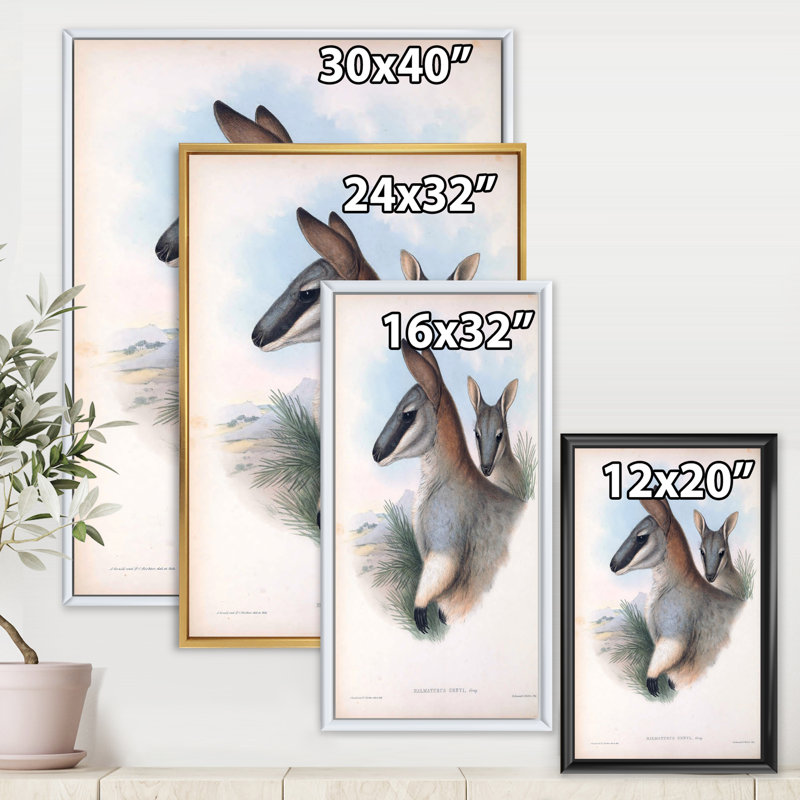 Kangourou rétro - peinture sur toile, H 32 po x l 24 po x P 1 po, Cadre flottant doré